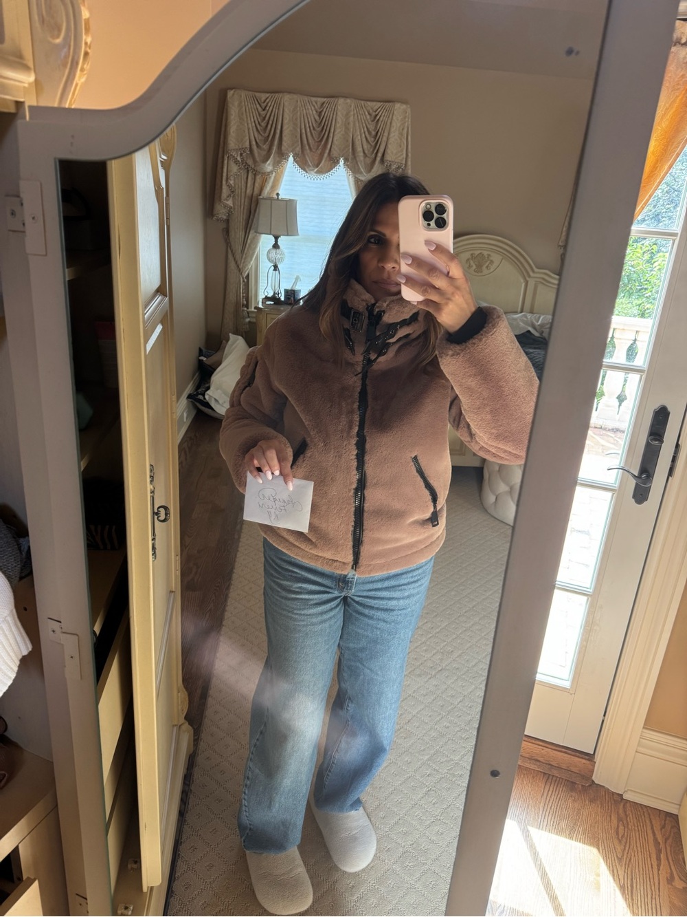 SAM. Women's Brown Teddy Zip Jacket with Black Trim